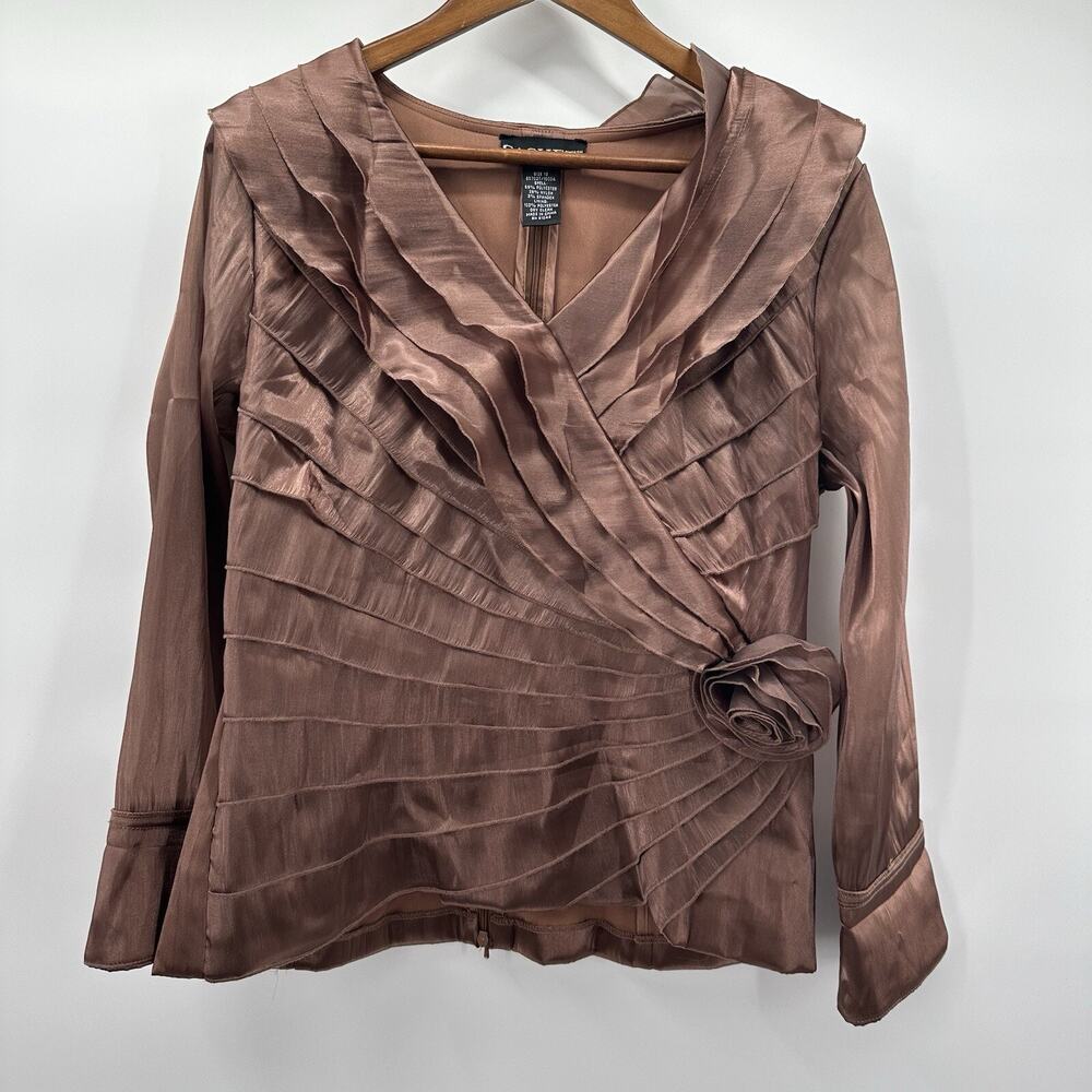 Vintage‎ Cachet Blouse Top Womens 12 Brown Organza Faux Wrap Floral Applique